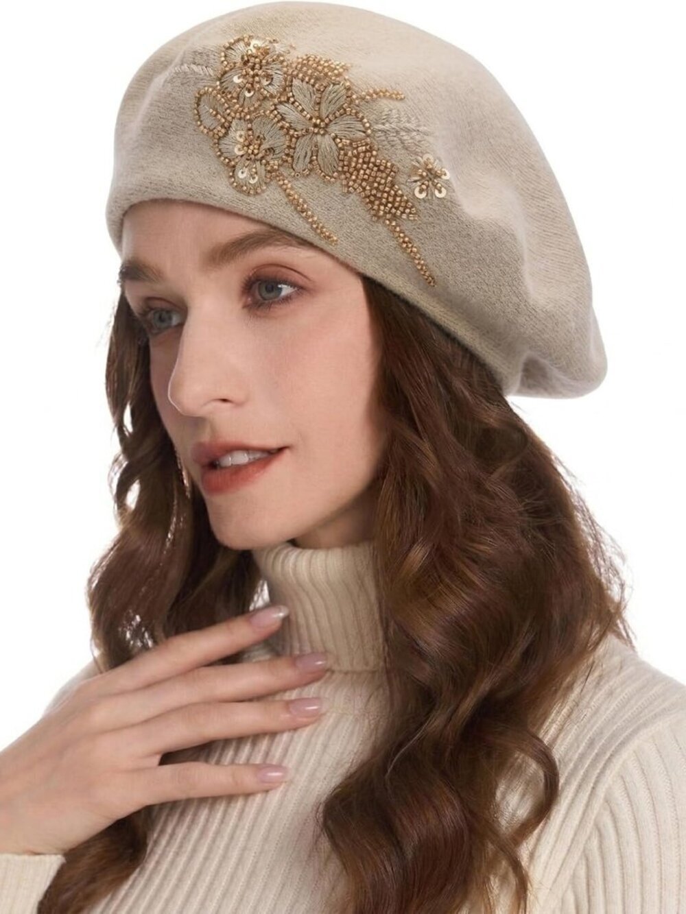 Women's French Beret Hat Reversible Knitted Thickened Warm Cap Flower Beige